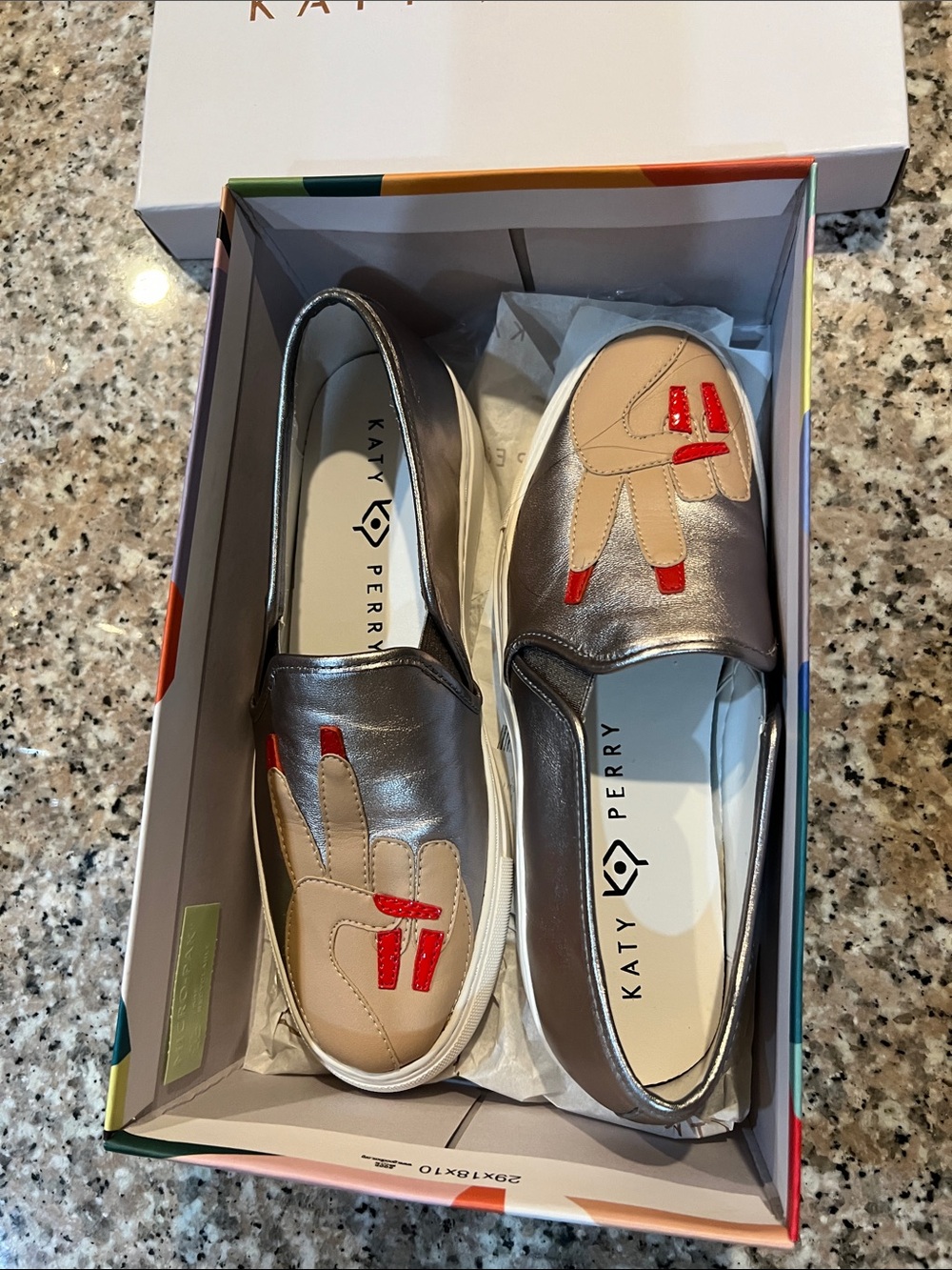 Katy Perry Collections Metallic Silver Slip-On Sneakers with Beige & Red Details